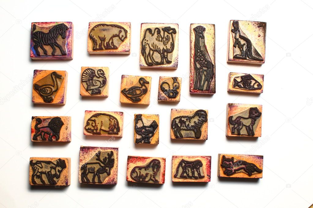 Aligned rubber stamps of wild animals