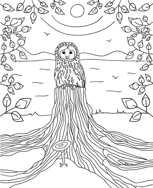 Thoughtful owl sitting on the stump river is in the background with frame made of branches with leaves. Coloring book