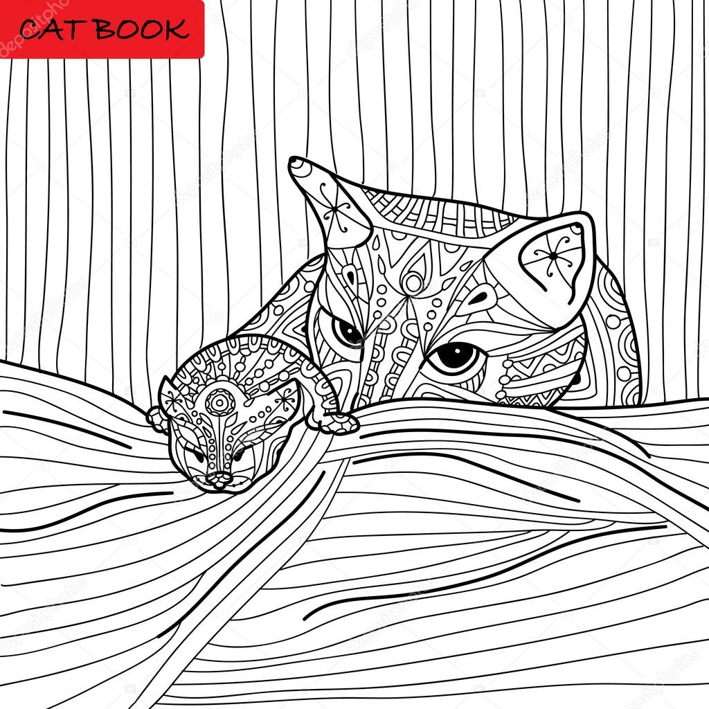 Cat mother and her kitten - coloring book for adults - zentangle cat book