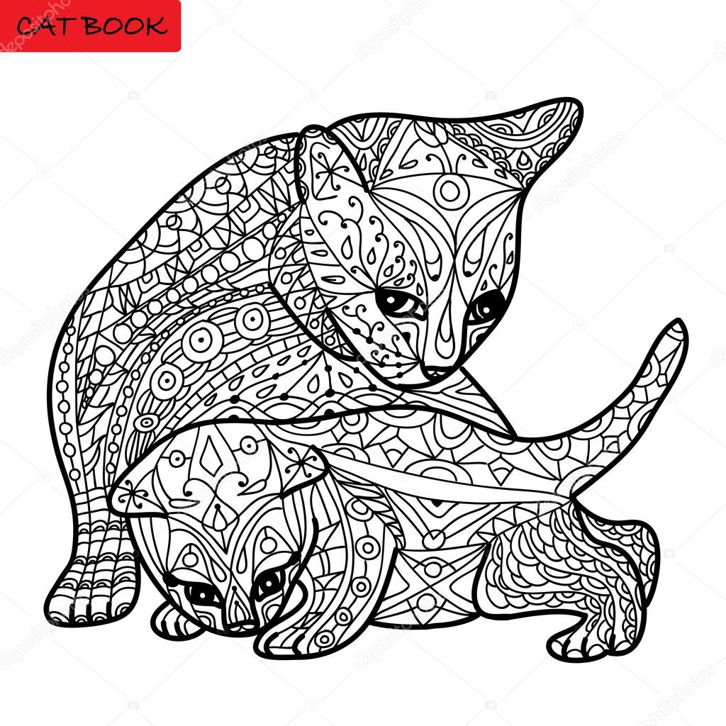 Cat mother and her kitten - coloring book for adults - zentangle cat book