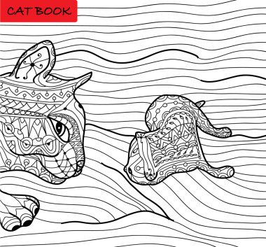 Cat mother and her kitten - coloring book for adults - zentangle cat book clipart