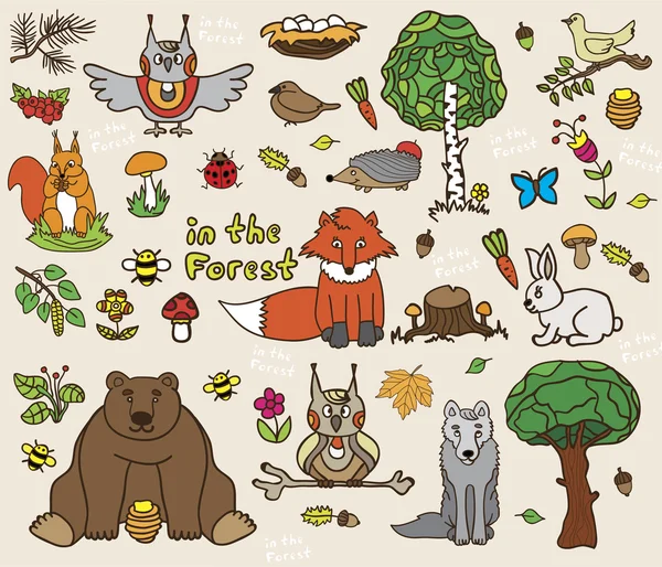 Os habitantes da floresta - elementos florestais vetoriais em estilo doodle, ha — Vetor de Stock