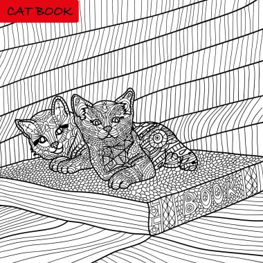 boyama kitabı yetişkinler için - zentangle kedi kitap, tükenmez kalem, siyah ve beyaz arka plan, karmaşık desen, doodling