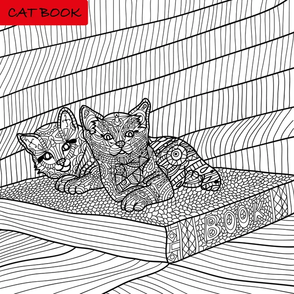 Buku mewarnai untuk orang dewasa buku kucing zentangle, tinta pena, latar belakang hitam dan putih, pola rumit, corat-coret - Stok Vektor