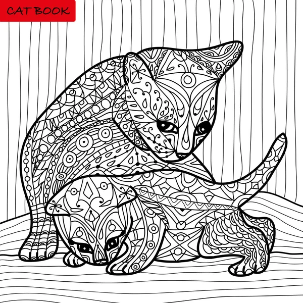 Cat mother and her kitten - coloring book for adults - zentangle cat book, hand drawn  vector illustration — Stock Vector