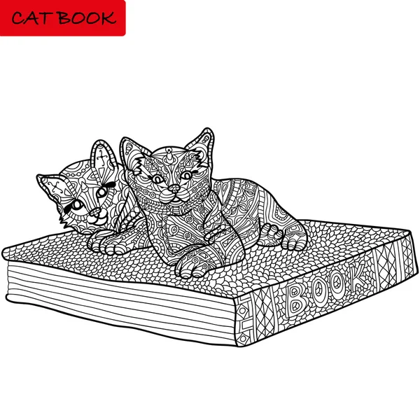 Gambar monokrom, buku mewarnai untuk orang dewasa buku kucing, pola corat-coret - Stok Vektor