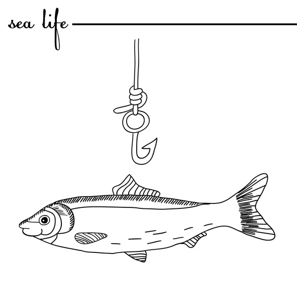 Deniz hayat. Ringa balığı ve balıkçılık kanca. Özgün doodle elle çizilmiş şekil. Anahatlar — Stok Vektör