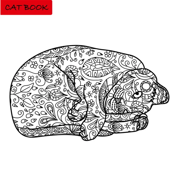 Ilustración vectorial dibujada a mano con patrones. Página para colorear para adultos. Libro de gatos. Gracioso gato malhumorado en la posición acostada — Archivo Imágenes Vectoriales