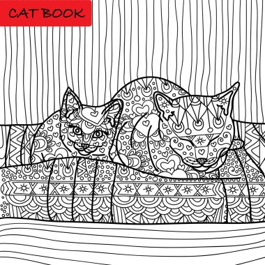 Kedi sayfa için yetişkin renklendirme. Anne kedi ve onun bebek kedi kanepede oturuyor. El desenleri ile çizilen illüstrasyon.
