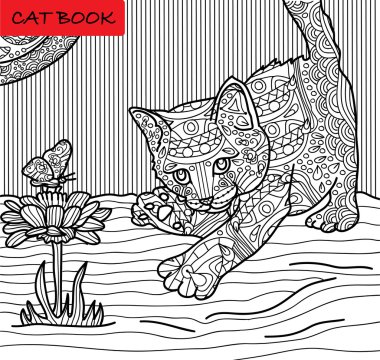 Kedi sayfa için yetişkin renklendirme. Yavru kedi bir kelebeği avlıyor. El desenleri ile çizilen illüstrasyon.