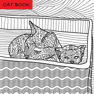 Kedi sayfa için yetişkin renklendirme. Anne kedi ve bir kutu içinde oturan onu kedi. El desenleri ile çizilen illüstrasyon.