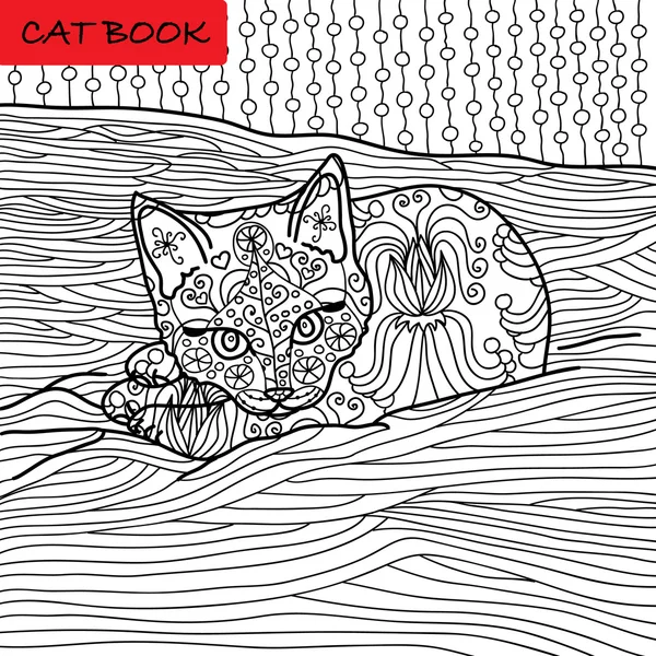 Раскраска страницы кошки для взрослых. Очаровательный котенок лежит на диване. Ручная иллюстрация с узорами . — стоковый вектор
