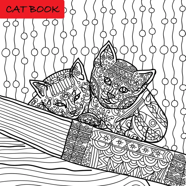 Disegno da colorare per adulti. Due gattini divertenti seduti sul libro. Illustrazione disegnata a mano con motivi . — Vettoriale Stock