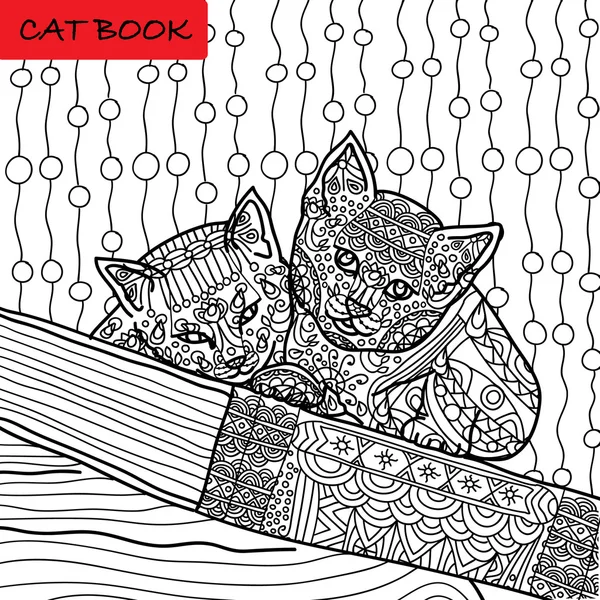 Kedi sayfa için yetişkin renklendirme. İki komik yavru kedi kitap üzerinde oturuyor. El desenleri ile çizilen illüstrasyon.