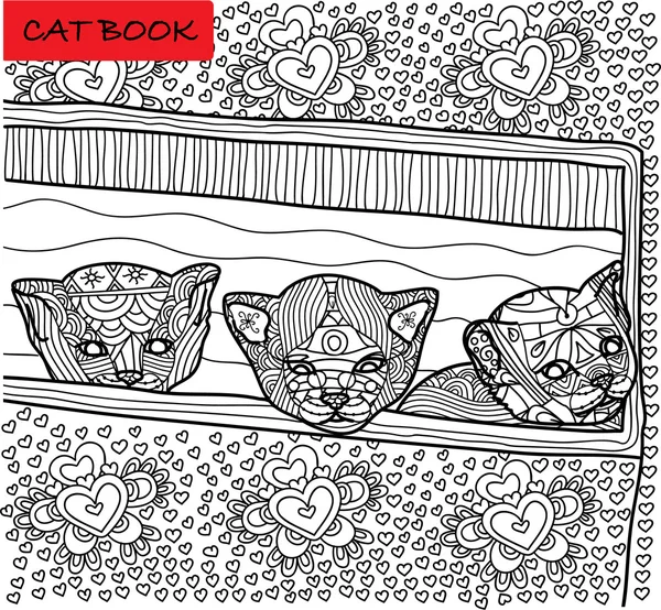Malkatzenseite für Erwachsene. drei neugeborene Kätzchen, die aus der Box lugen. handgezeichnete Illustration mit Mustern. — Stockvektor