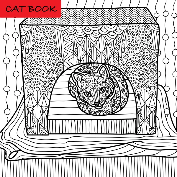 Disegno da colorare per adulti. Un gatto serio si siede nella sua casa per gatti. Illustrazione disegnata a mano con motivi . — Vettoriale Stock