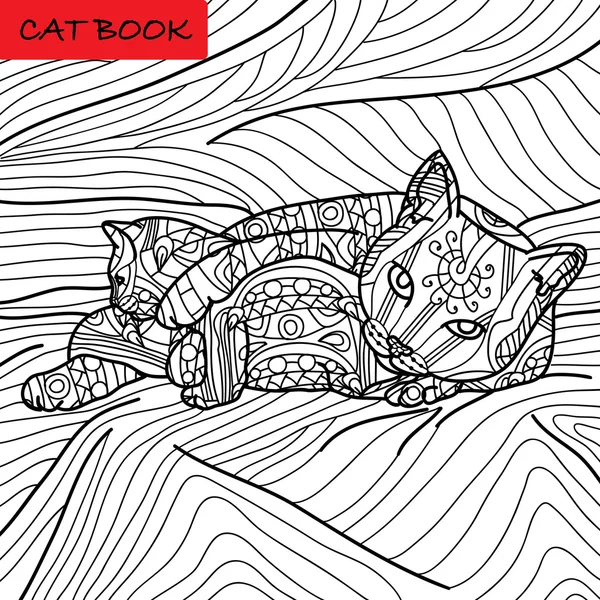 Раскраска страницы кошки для взрослых. Мама-кошка играет со своим котенком. Ручная иллюстрация с узорами . — стоковый вектор