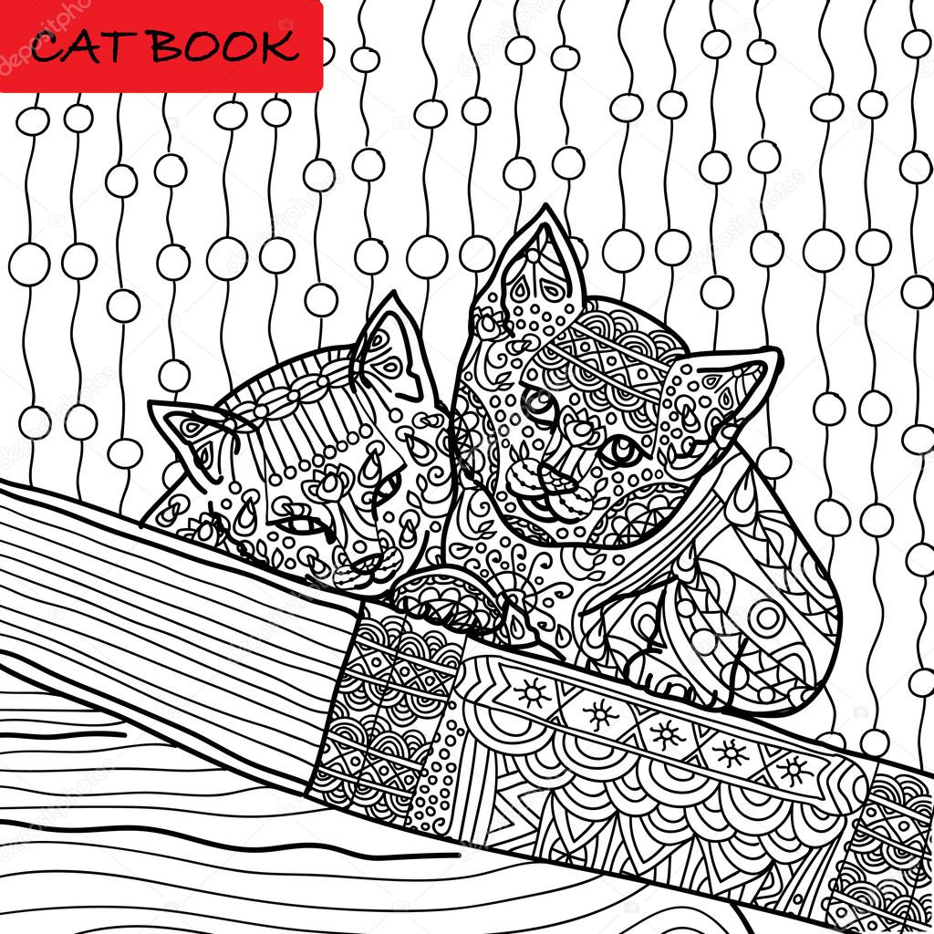 Coloriage de chat pour adultes Deux chaton dr´le assis sur livre Illustration dessinée avec des motifs  