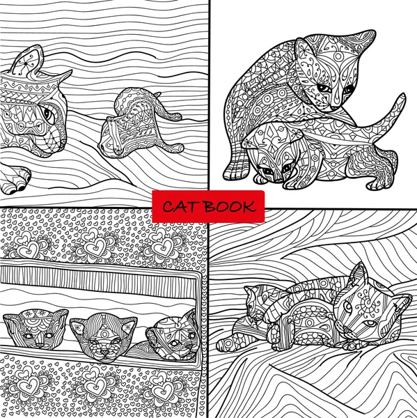 Libro da colorare per adulti - 3 set di quattro disegni da colorare pagine di gatti per adulti e bambini, doodle — Vettoriale Stock