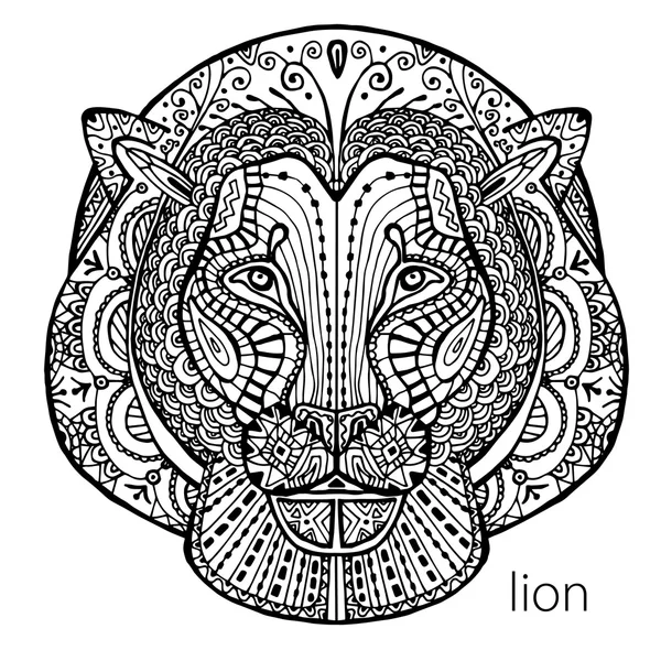 A impressão do leão preto e branco com padrões étnicos. Livro para colorir para adultos antistress. Terapia da arte —  Vetores de Stock
