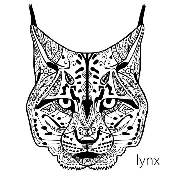 Černé a bílé lynx tisknout s etnické vzory. Omalovánky pro dospělé antistress. Arteterapie — Stockový vektor