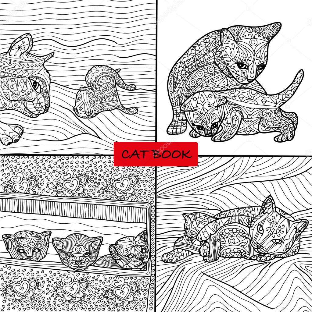 Libro da colorare per adulti 3 set di quattro disegni da colorare gatto per adulti e bambini doodle vettore libro del gatto zenart — Vettoriali di