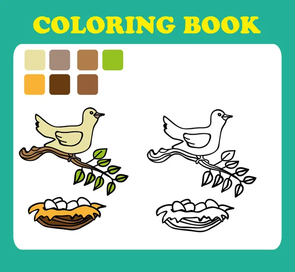 Libro da colorare o pagina Cartone animato Illustrazione di uccello divertente con nido — Vettoriale Stock
