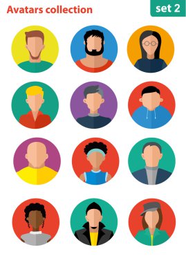 Düz avatar koleksiyonu, yüzleri, insanların avatarları grup ile düz stil 12 kişi simgeler kümesi.
