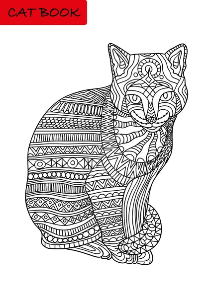 Libro para colorear en blanco y negro para adultos. Gato coloreado con patrones — Vector de stock