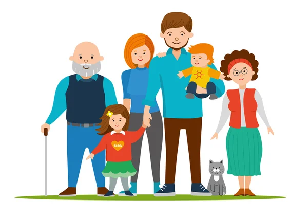 Familia feliz y sonriente juntos. Padres con hijos. Ilustración vectorial de diseño plano . — Vector de stock