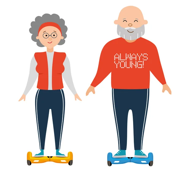 Toujours jeune. Grand-mère et grand-père font du scooter Giro. Plat — Image vectorielle