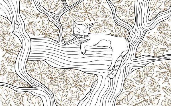 Dibujo para colorear libro animal para adultos. Divertido gato durmiendo en el árbol — Archivo Imágenes Vectoriales