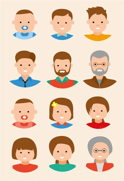 Twelve Colorful flat faces icons of men and women in different ages: Young, adult, senior. — Stock Vector