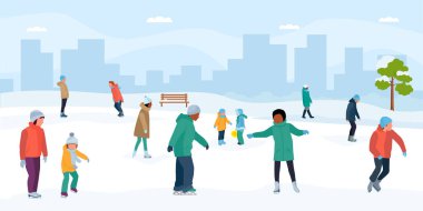 Buz patencileri parkta eğleniyor. Pistte bir sürü insan var. Vektör düz çizgi film illüstrasyonu 