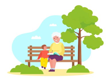 Büyükannem torununa parkta kitap okuyor..