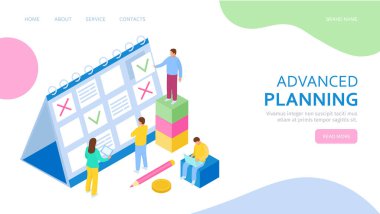 Pankart ve web sitesi için Isometric Planlama kavramı. İniş sayfası şablonu. İş adamlarından oluşan bir ekip iş planı hazırlıyor..