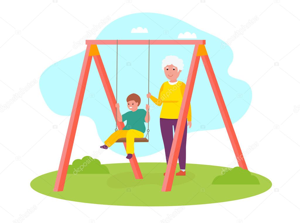 Happy Grandson Kid Having Fun On Swing With Grandmother. Vector flat cartoon illustration.