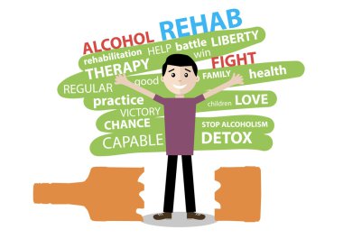 mutlu adam alkol bağımlılığı, kırık şişe üzerinde duran kurtulmuş. Vektör düz tasarımı