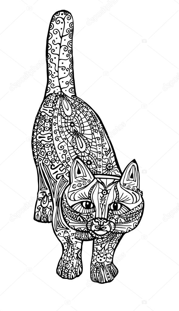 Adult antistress coloring illustration. Painted the cat black and white image. Hand drawn doodle.