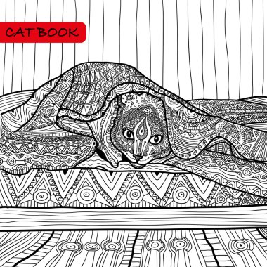 Yetişkinler için - zentangle kedi kitabı, boyama kitabı yatakta kedi
