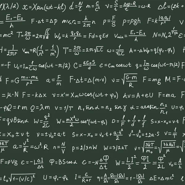 Patrón sin costuras en la pizarra verde con texto de escritura a mano y fórmulas físicas — Archivo Imágenes Vectoriales