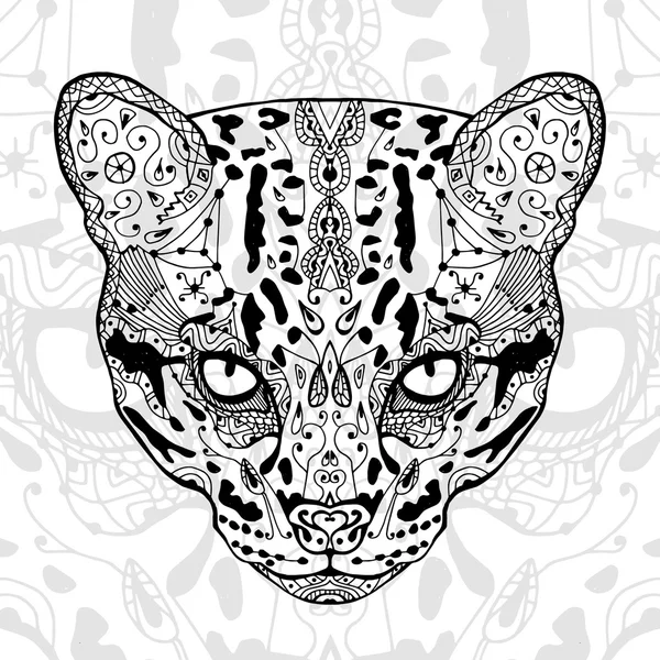 Siyah ve vahşi kedi beyaz etnik zentangle desenleri ile yazdırma. Yetişkin antistress boyama kitabı. Sanat Terapisi