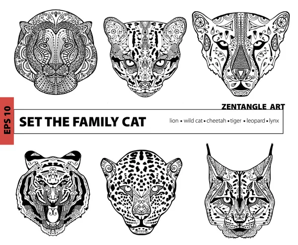 Impostare il gatto di famiglia, libro da colorare per adulti, arte zentangle, tappetino — Vettoriale Stock