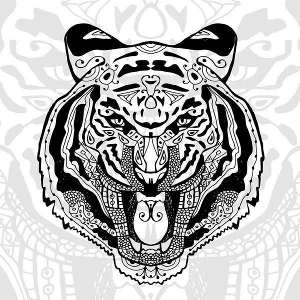 Εκτυπώσετε το μαύρο και άσπρο τίγρη με εθνοτικές zentangle σχέδια. — Διανυσματικό Αρχείο