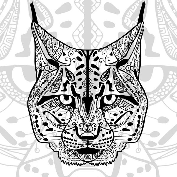 Biało-czarny bobcat wydruku z zentangle etniczne wzory. — Wektor stockowy