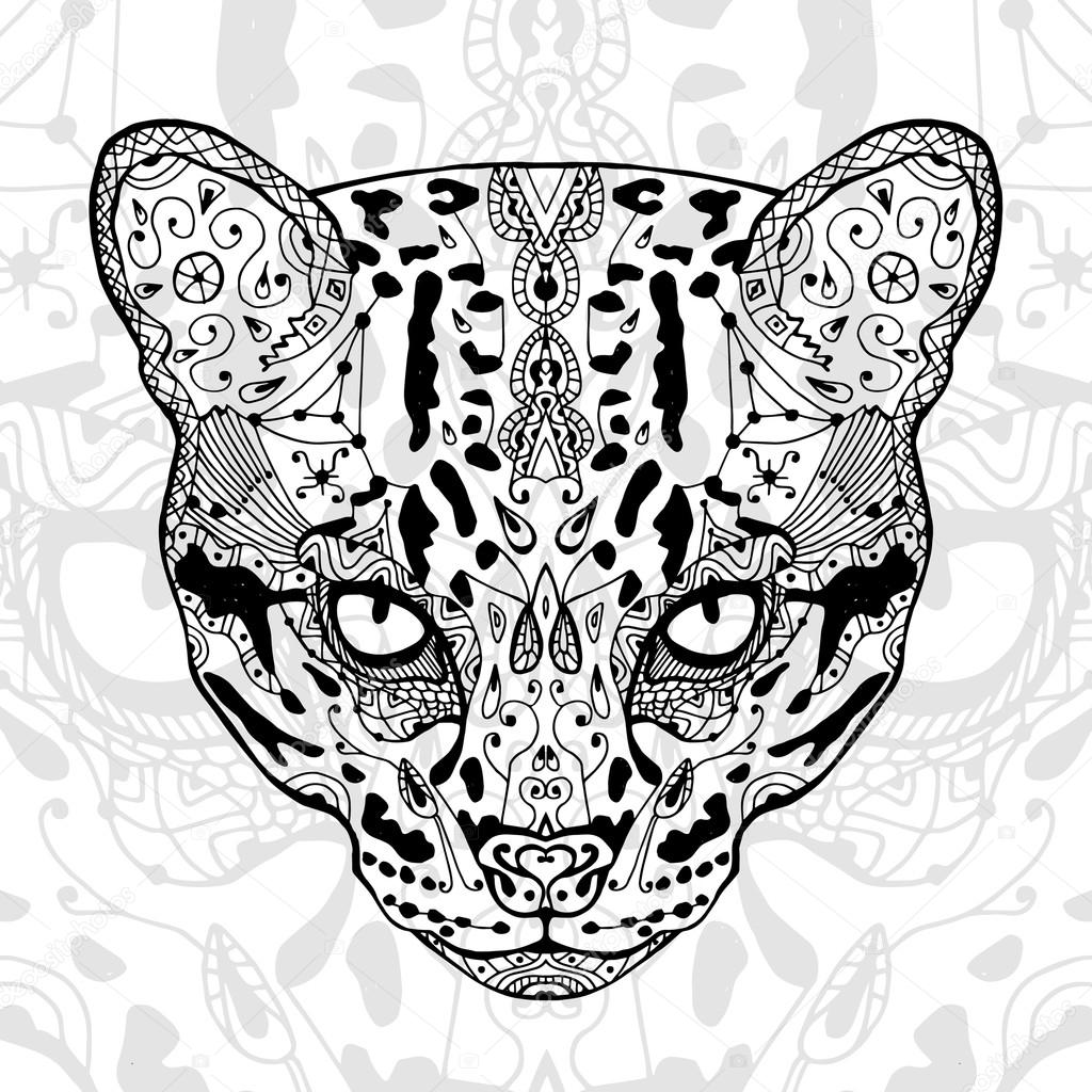 The black and wild cat white  print with ethnic zentangle patterns. Coloring book for adults antistress. Art therapy