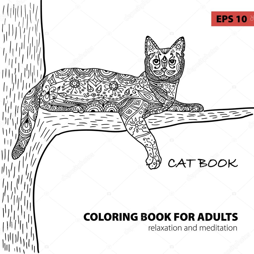coloring book for adults - zentangle cat book, ink pen, black and white background, intricate pattern, doodle