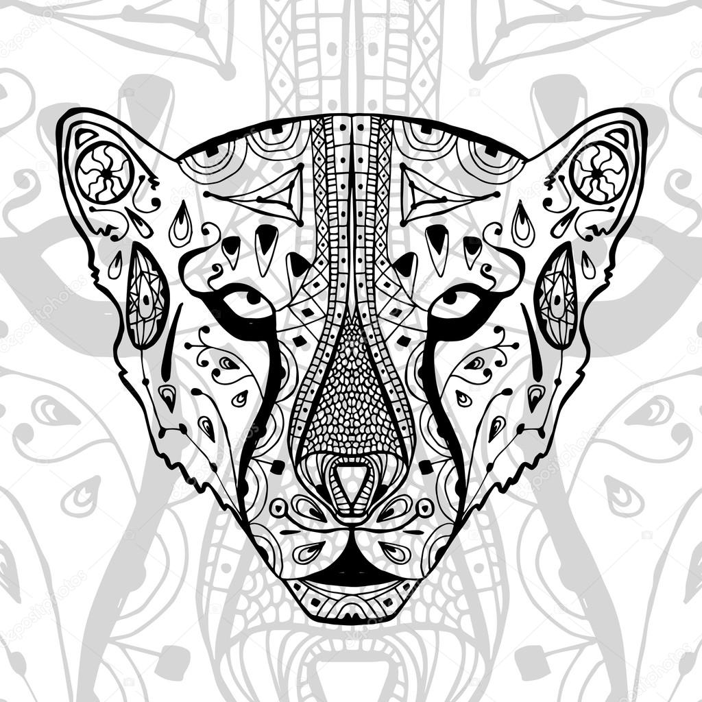 The black and white cheetah print with ethnic zentangle patterns. Coloring book for adults antistress. Art therapy