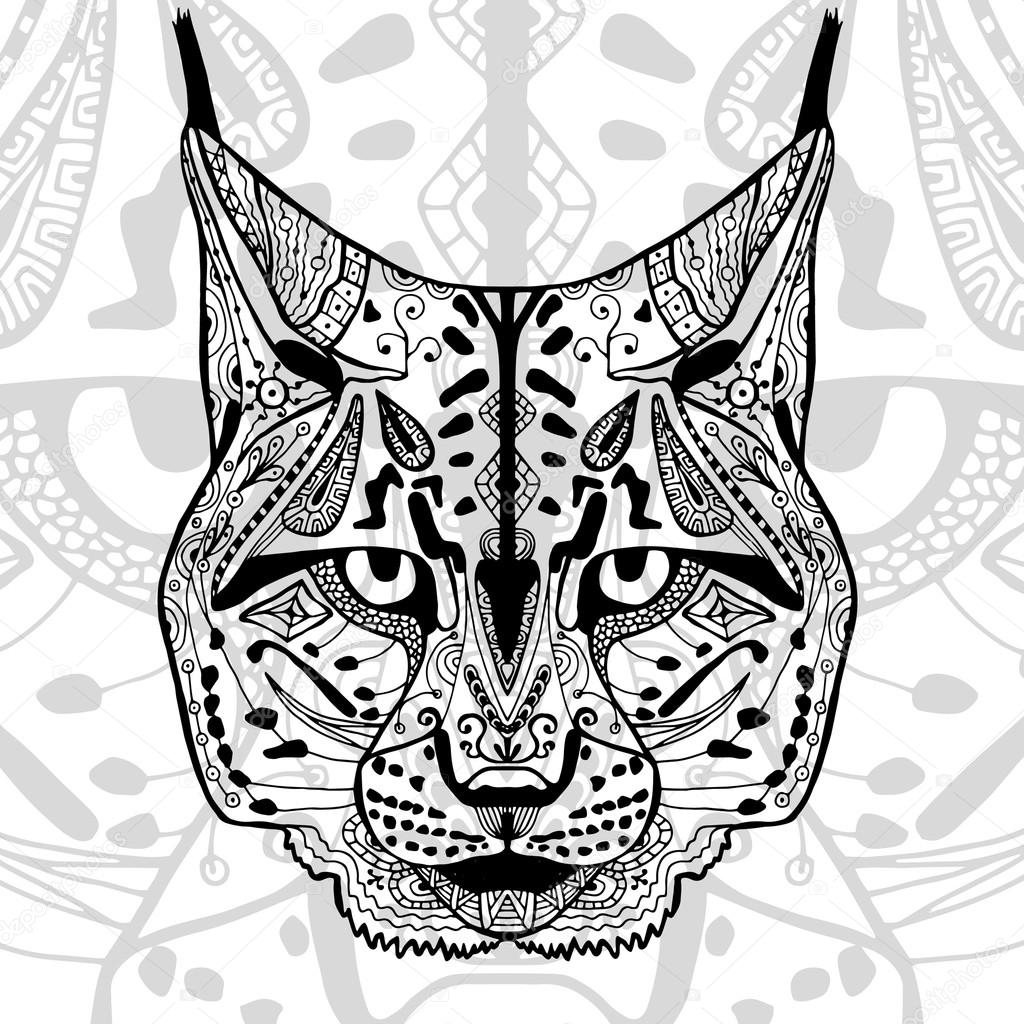 The black and white bobcat print with ethnic zentangle patterns.
