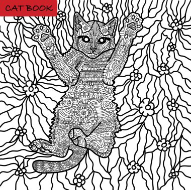 Yetişkinler için - zentangle kedi kitap, çimenlerin üzerinde yavru kedi boyama kitabı